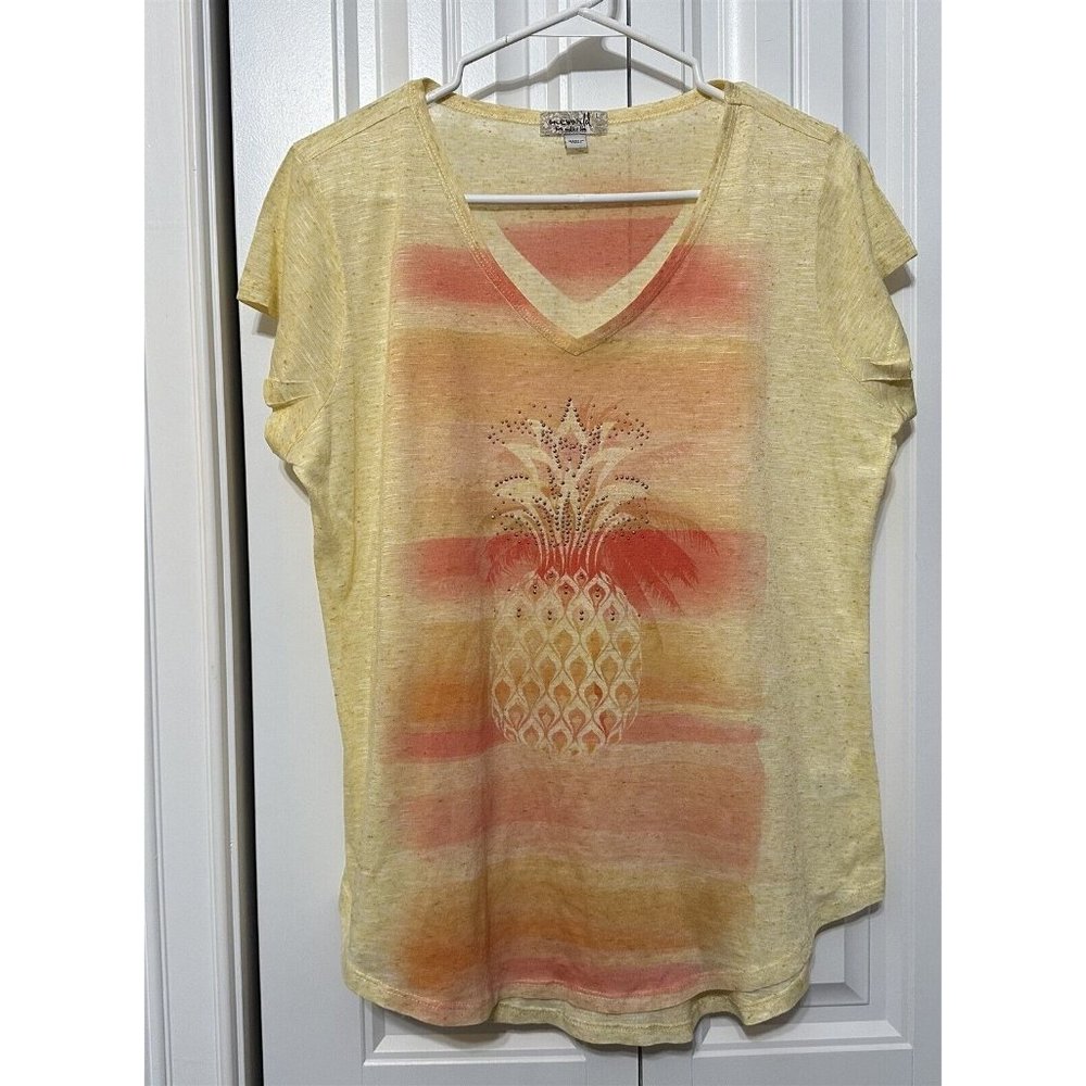 One World Sheer Top T Shirt Pineapple Embellished Yellow Orange Tropical Summer